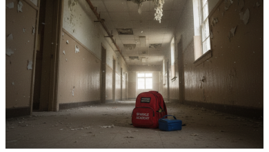 A school classroom with highlighted areas showing possible asbestos-containing materials.