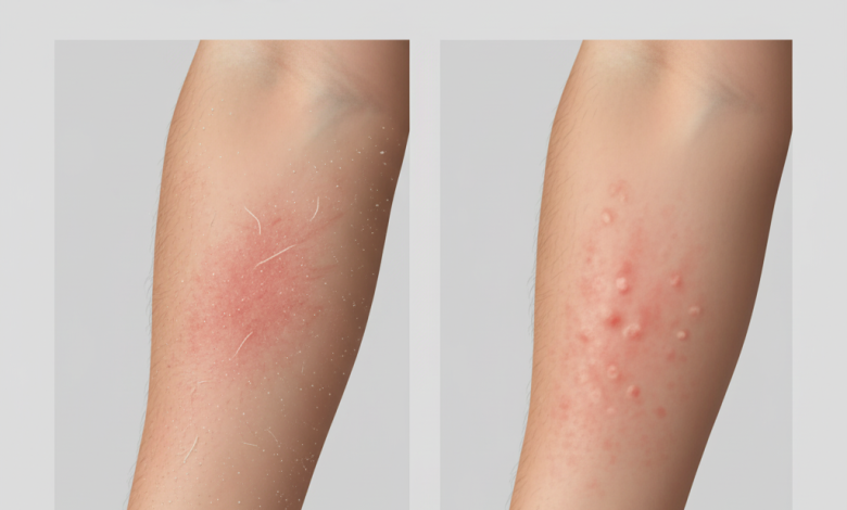 Comparison between asbestos skin irritation and a normal rash showing red, dry patches on one side and common allergic rash on the other.