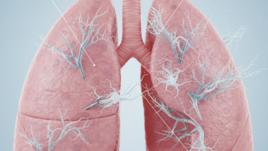 microscopic asbestos fibers trapped inside human lung tissue, explaining how they cause scarring and inflammation over time.