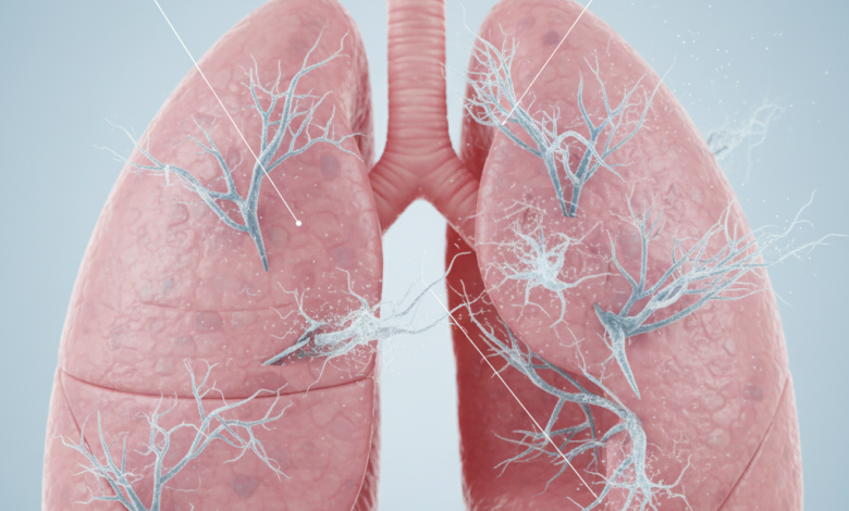 microscopic asbestos fibers trapped inside human lung tissue, explaining how they cause scarring and inflammation over time.