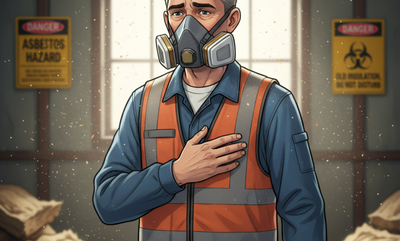Worker showing early signs of asbestos exposure with chest discomfort in a dusty industrial environment.