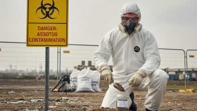 A man in full Personal Protective Equipment (PPE) takes a soil sample contaminated with Asbestos next to a "DANGER: ASBESTOS CONTAMINATION" warning sign, with Asbestos waste bags in the background, highlighting Health risks.
