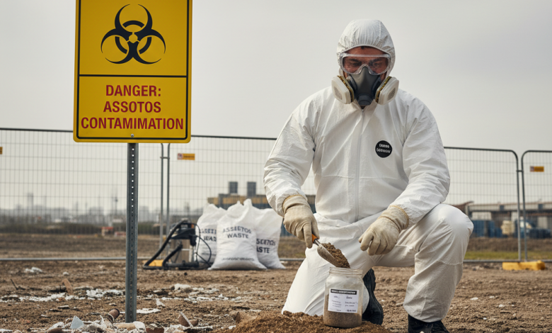 A man in full Personal Protective Equipment (PPE) takes a soil sample contaminated with Asbestos next to a "DANGER: ASBESTOS CONTAMINATION" warning sign, with Asbestos waste bags in the background, highlighting Health risks.
