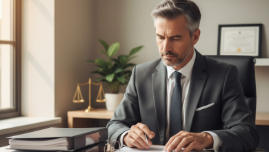 A professional mesothelioma lawyer reviewing legal case files in a modern office, representing legal help for asbestos victims.