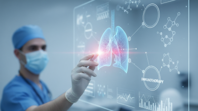 A medical professional pointing at a holographic display of human lungs and various