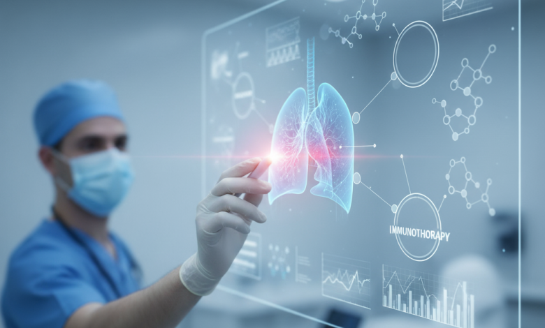 A medical professional pointing at a holographic display of human lungs and various