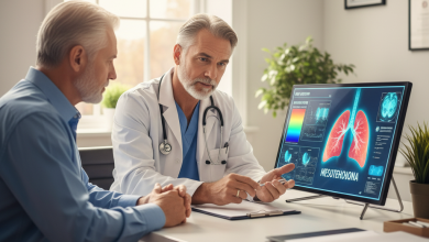 Doctor explaining mesothelioma treatment options to a patient using medical scans in a modern clinic.