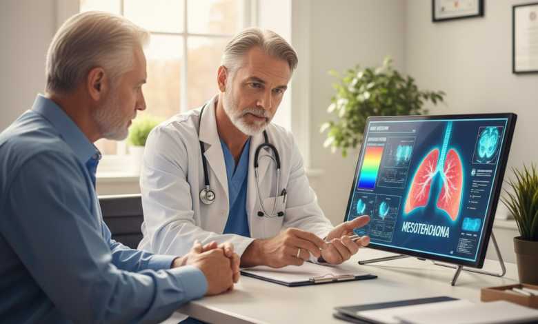 Doctor explaining mesothelioma treatment options to a patient using medical scans in a modern clinic.
