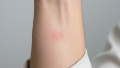 Early asbestos skin rash on worker’s forearm with mild redness and irritation.