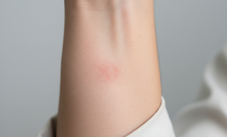 Early asbestos skin rash on worker’s forearm with mild redness and irritation.