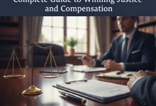 A legal office scene with a scale of justice, documents, and lawyers, symbolizing the pursuit of Justice and Compensation in a Mesothelioma Lawsuit.