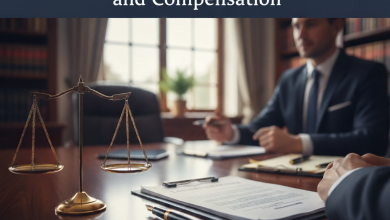 A legal office scene with a scale of justice, documents, and lawyers, symbolizing the pursuit of Justice and Compensation in a Mesothelioma Lawsuit.