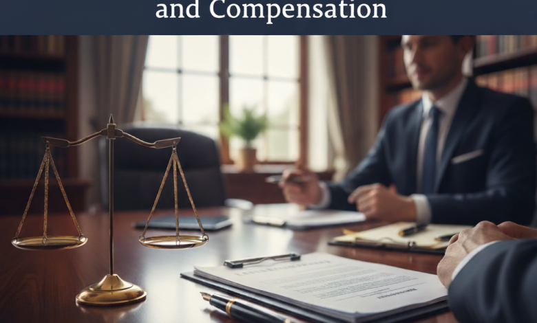 A legal office scene with a scale of justice, documents, and lawyers, symbolizing the pursuit of Justice and Compensation in a Mesothelioma Lawsuit.