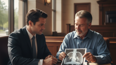 Lawyer in Texas courthouse helping mesothelioma patient review medical and legal documents