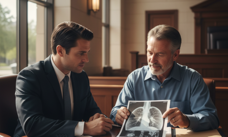 Lawyer in Texas courthouse helping mesothelioma patient review medical and legal documents