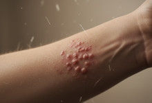 Close-up of human skin with red rashes and bumps caused by asbestos exposure, highlighting asbestos skin rash symptoms