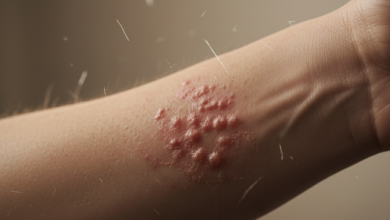 Close-up of human skin with red rashes and bumps caused by asbestos exposure, highlighting asbestos skin rash symptoms