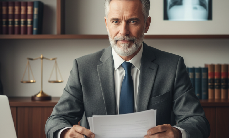 Lawyer reviewing mesothelioma lawsuit and tax documents in a law office