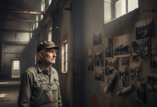 An old factory worker standing in an asbestos-filled industrial site, looking at faded memories under soft light — representing the tragedy of asbestos exposure and mesothelioma.
