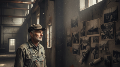 An old factory worker standing in an asbestos-filled industrial site, looking at faded memories under soft light — representing the tragedy of asbestos exposure and mesothelioma.
