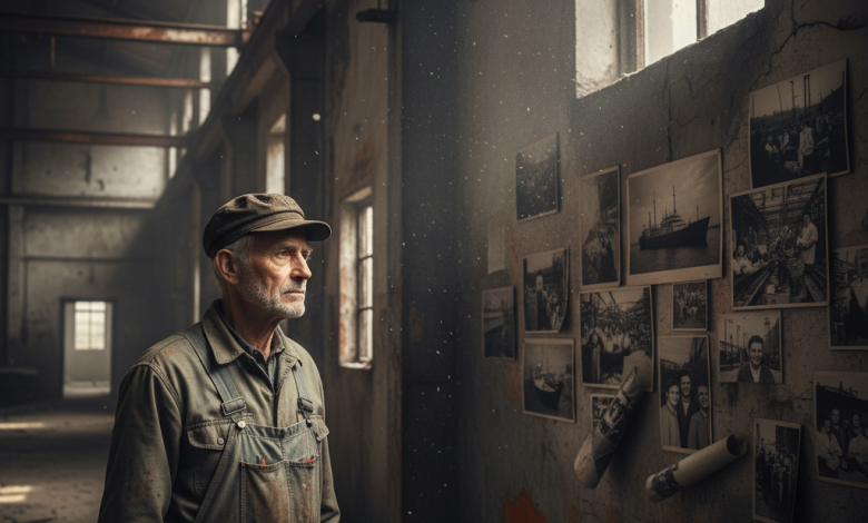 An old factory worker standing in an asbestos-filled industrial site, looking at faded memories under soft light — representing the tragedy of asbestos exposure and mesothelioma.
